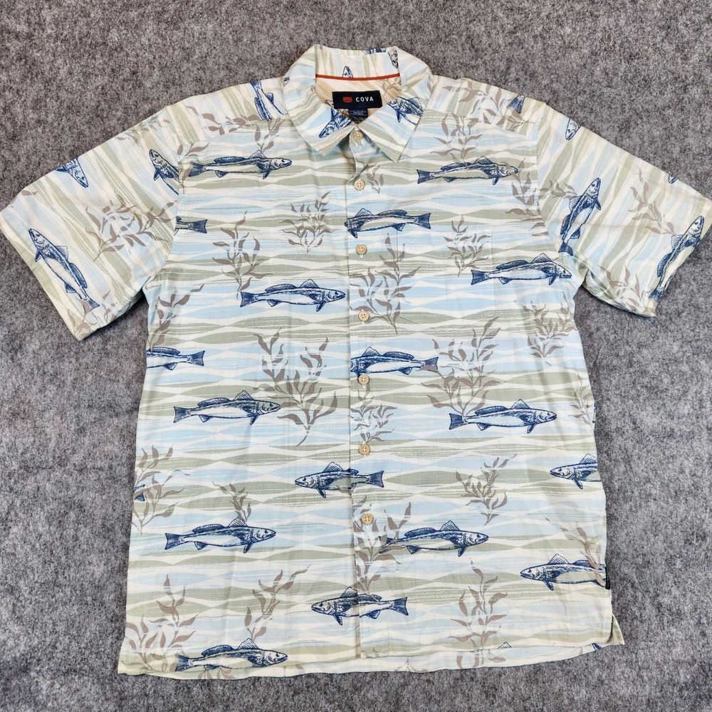 COVA Button Down Shirt Men M Blue Fish Print Coastal Fishing Summer Casual Short